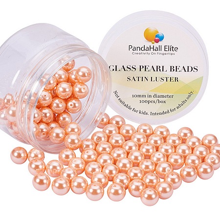 PandaHall Elite 10mm Anti-flash Coral Glass Pearl Tiny Satin Luster Round Loose Pearl Beads for Jewelry Making, about 100pcs/box