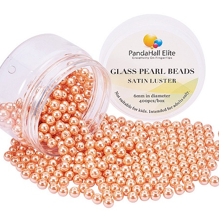 PandaHall Elite 6mm Anti-flash Coral Glass Pearls Tiny Satin Luster Round Loose Pearl Beads for Jewelry Making, about 400pcs/box