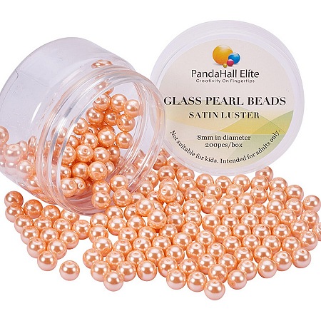 PandaHall Elite 8mm Anti-flash Coral Glass Pearls Tiny Satin Luster Round Loose Pearl Beads for Jewelry Making, about 200pcs/box