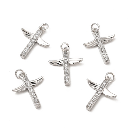 Brass Micro Pave Clear Cubic Zirconia Connector Charms, Cross Wing Links, Platinum, 20x17x2.5mm, Hole: 1mm