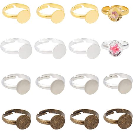 SUPERFINDINGS 64Pcs 4 Colors Brass Pad Ring Base Findings Blank Ring Plated Adjustable Flat Ring 18.9mm Bezel Adjustable Pad Cabochon Base for Jewelry Making, Tray: 10mm