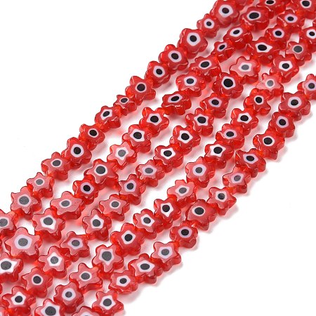 Handmade Millefiori Glass Bead Strands, Flower, Red, 5.5~8x2.5mm, Hole: 1mm, about 64~67pcs/strand, 15.75 inch~16.34 inch(40~41.5cm)