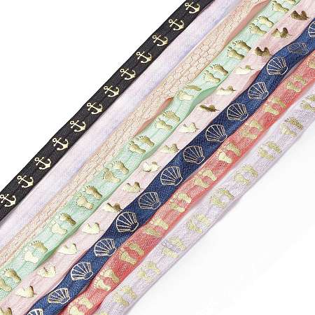 Polyester Elastic Printed Ribbon, Hot Stamping Ribbon, Flat with Footprint & Shell & Anchor Pattern, Mixed Color, Mixed Patterns, 5/8 inch(15mm), 1 yard/pc