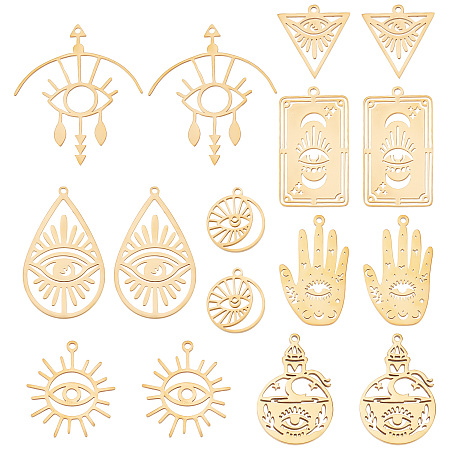 SUNNYCLUE 1 Box 16Pcs Tarot Style Stainless Steel Charms Hamsa Hand Evil Eye Charms Flat Round Sun Moon Charm Rectangle Card Double Sided Hollow Teardrop Charms for Jewelry Making Charm DIY Craft
