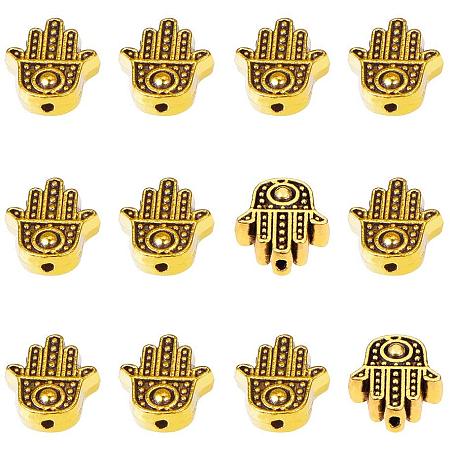 PandaHall Elite 100pcs Hamsa Beads Tibetan Alloy Hamsa Hand Beads Antique Golden Jewelry Spacers for Bracelet Jewelry Making, 12x10mm, Hole: 1.5mm