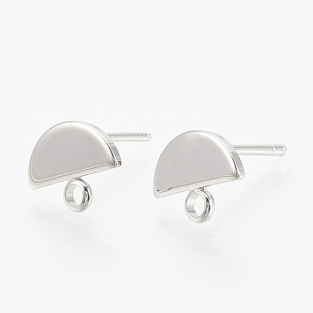 Honeyhandy Brass Stud Earring Findings, Semicircle, Nickel Free, Real Platinum Plated, 8x10x1mm, Hole: 1.5mm, Pin: 0.8mm