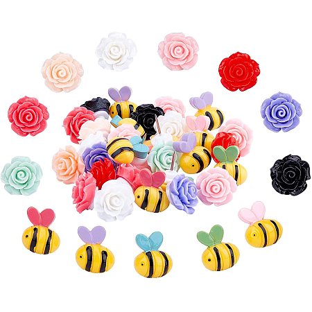 Iron Map Pins, with Resin Rose and Bees, Drawing Push Pins, for Office & School Supplies, Mixed Color, 17~20x16.5~17x11~13mm, 30pcs