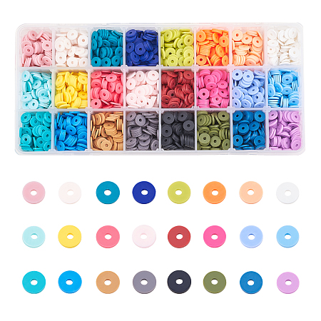 Environmental Handmade Polymer Clay Beads, Heishi Beads, for DIY Jewelry Crafts Supplies, Disc/Flat Round, Mixed Color, 8x0.5~1mm, Hole: 2mm; 24colors, about 190~200pcs/color, 4560~4800pcs/box