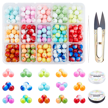 DIY Two-Color Baking Painted Glass Beads Stretch Bracelets Making Kits, include Sharp Steel Scissors, Elastic Crystal Thread, Stainless Steel Beading Needles, Mixed Color, Beads: 8mm, Hole: 1.3~1.6mm, 525pcs/set