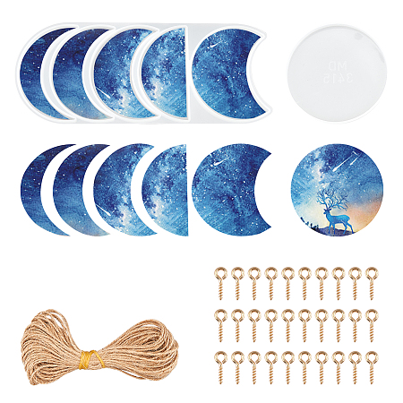 SUNNYCLUE DIY Moon Phase Shape Silicone Molds Kits, with Resin Casting Molds Sets, Hemp Cord and 304 Stainless Steel Screw Eye Pin Peg Bails, Mixed Color, 270x110x10mm; 107x9mm; 2sets