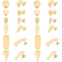 DICOSMETIC 24Pcs 6 Style Stainless Steel Stud Earring Findings Golden Color Rectangle/Teardrop/Heart/Oval/Flat Round Earring with Loop Hook for Jewelry Earring Making
