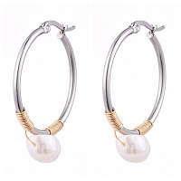 Honeyhandy Wire Wrapped 201 Stainless Steel Big Hoop Earrings, with Natural Baroque Pearl Keshi Pearl Beads, Ring Shape, Stainless Steel Color, 38.5x30x2~2.5mm, Pin: 0.5x1.5mm