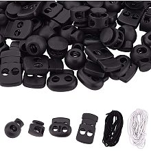 PandaHall Elite 80pcs 4 Styles Plastic Cord Locks, Black Cord Lock Stops Single/Double Hole Spring Cord Toggle Stoppers with 2 Rolls 20m Elastic Nylon Cord for Drawstrings, Shoelaces, Bags