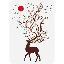 FINGERINSPIRE Deer Branch Painting Stencil 8.3x11.7inch Reusable Deer with Large Antlers Stencil for Painting Large Branches Sun Birds Drawing Tempate for Home Wall Furniture Floor Door Decoration