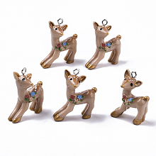 Honeyhandy Resin Pendants, with Platinum Tone Iron Loops, Sika Deer, Camel, 30.5~31.5x25x13.5mm, Hole: 2mm