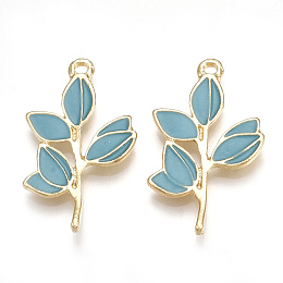 Honeyhandy Alloy Enamel Pendants, Branch and Leaf, Light Gold, Deep Sky Blue, 31x18x2mm, Hole: 1.8mm