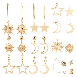 SUNNYCLUE DIY Star & Moon Theme Earring Making Kits, with Brass Pendants & Earring Findings & Ear Nuts, Mixed Shape, Real 18K Gold Plated, Pendant: 12pcs/box