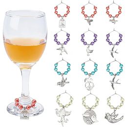 NBEADS 24 Pcs Tibetan Style Wine Glass Charms, Alloy Bird Wine Charms Glass Pearl Wine Glass Markers for Wine Cocktail Champagne Tasting Party Favors Decoration Supplies