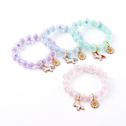 Honeyhandy Transparent Acrylic Stretch Charm Bracelets for Kids, with Alloy Enamel Pendants, Unicorn & Daisy, Golden, Mixed Color, Inner Diameter: 1-3/4 inch(4.6cm)