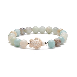 Honeyhandy Natural Flower Amazonite & Synthetic Turquoise(Dyed) Tortoise Beaded Stretch Bracelet, Gemstone Beach Jewelry for Women, Inner Diameter: 2-1/8 inch(5.4cm)