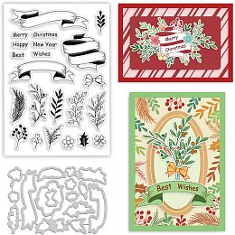 BENECREAT Happy New Year Christmas Clear Stamp and Die Set, 2pcs Ribbons Plants Flowers Metal Cutting Stencils and Plastic Stamps for DIY Christmas Scrapbooking, Photo Album Decorative, Cards Making