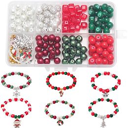 SUNNYCLUE 1 Box 218Pcs DIY 6Sets Christmas Bracelet Making Kit Red Green Glass Beads Christmas Tree Enamel Charm Jingle Bell Snowflake Charms Rhinestone Bead for Jewelry Making Kits Beading Supplies