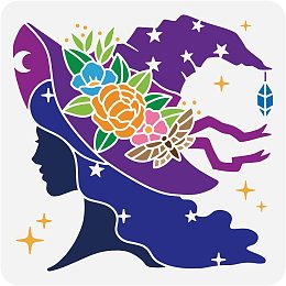 FINGERINSPIRE Pretty Witch Stencil 11.8x11.8inch Reusable Witch Hat Painting Stencil Witch's Day Halloween Decoration Template Star Moon Crystal Stone Dragonfly Rose Stencil for Painting on Wall Wood