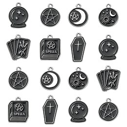 35Pcs 7 Styles Alloy Enamel Pendants, Platinum, Rectangle & Book & Flat Round with Moon/Star/Sun Charm, Black, 20~25x13~17mm, 5pcs/style