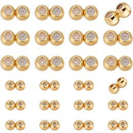 PandaHall Elite 18K Gold Stopper Beads, 24pcs Double Hole Beads Silicone Slider Beads Brass Rubber Beads Adjustable Round Beads Positioning Spacer Beads for Jewelry Bracelet Necklace Making