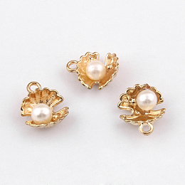 Honeyhandy Alloy Charms, with Imitation Pearl, Shell Shape, Golden, 12x15mm