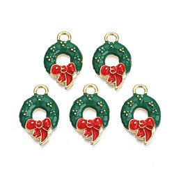 Honeyhandy Rack Plating Alloy Enamel Charms, Cadmium Free & Nickel Free & Lead Free, Light Gold, Christmas Wreath, Dark Green, 24x14.5x3mm, Hole: 3mm