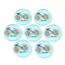 Honeyhandy Acrylic Pendants, 3D Printed, Flat Round with Bicycle & White Daisies Pattern, Light Cyan, 35x3mm, Hole: 1.6mm