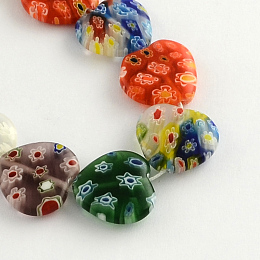 Honeyhandy Heart Handmade Millefiori Glass Beads Strands, Mixed Color, 12x12x3.5mm, Hole: 0.5mm, about 32pcs/strand, 13.7 inch