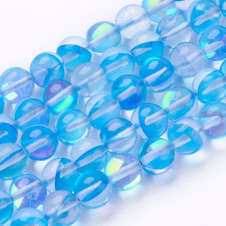 ARRICRAFT Synthetic Moonstone Beads Strands, Holographic Beads, Round, Deep Sky Blue, 8mm, Hole: 0.8~1mm, about 47~50pcs/strand, 14.7 inches~15.1 inches