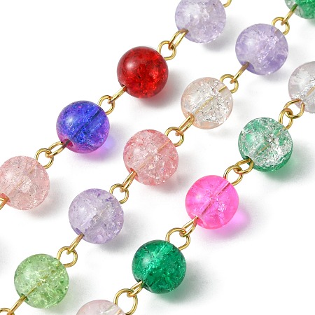 Crackle Glass Round Beaded Chain, with 304 Stainless Steel Findings, Unwelded, Colorful, 14x8mm, about 3.28 Feet(1m)/Strand
