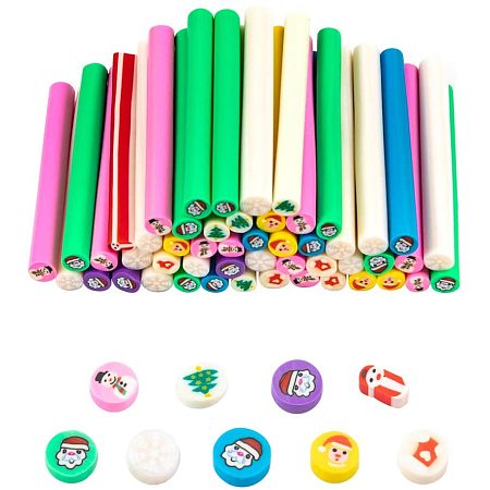Pandahall Elite 50 pcs 2 Inch Polymer Clay Canes, Christmas Theme 3D Nail Art Slices Stick Rods for DIY Crafts Slime Nail Art Cellphone Decoration, Mixed Colors(NO Hole)
