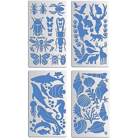 BENECREAT 4 PCS 4x7 Inch Sea Creature and Forest Animal Metal Stencils Journal Stencil Template for Wood carving, Drawings and Woodburning, Engraving and Scrapbooking Project