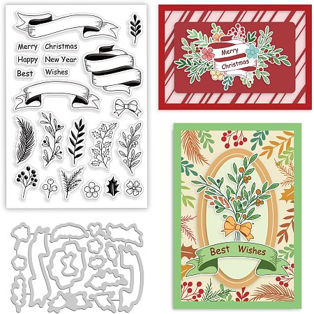 BENECREAT Happy New Year Christmas Clear Stamp and Die Set, 2pcs Ribbons Plants Flowers Metal Cutting Stencils and Plastic Stamps for DIY Christmas Scrapbooking, Photo Album Decorative, Cards Making