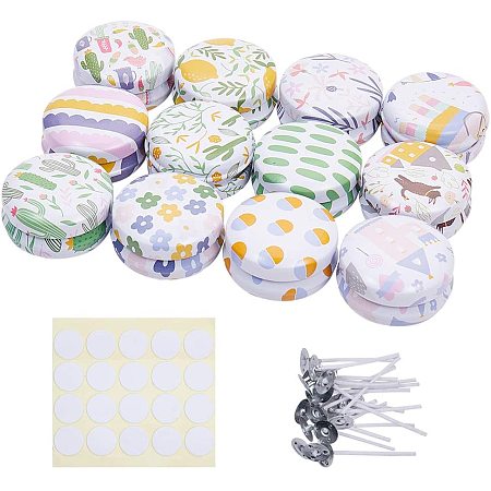 BENECREAT 12 Packs Small Minimalism Pattern Tinplate Round Candle Making Jars Tins with 20 Pcs Candle Wick and 20 Pcs Paper Stickers for Aromatherapy Balms