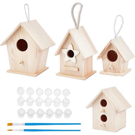 NBEADS DIY Wooden Birdhouse Kit, Arts Hanging Bird House Set Include 4 Pcs Unfinished Paintable Wood Birdhouse 4 Pcs Paint Brushes 2 Pcs 6-Pot Mini Empty Paint Cups for Arts & DIY Crafts Making