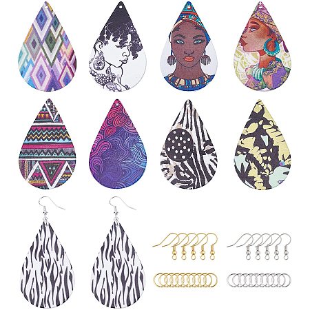 NBEADS 18 Pairs 9 Styles Wooden Teardrop Dangle Earring, Wooden Printing Earring Making Kits Water Drop Dangle Earring with Earring Hooks and Jump Rings for Jewelry Crafts Making