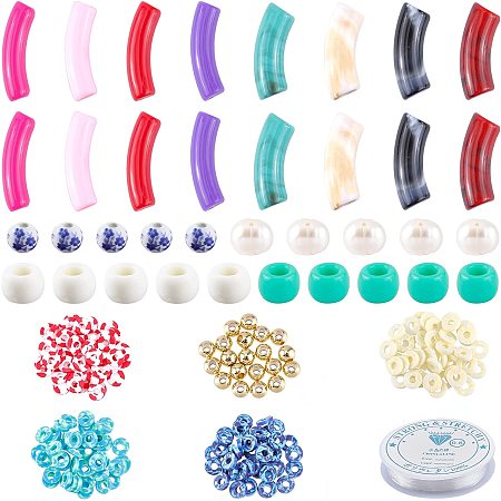 NBEADS 368 Pcs Acrylic Curved Tube Beads Making Kit, 2 Styles 48 Pcs Colorful Opaque Imitation Gemstone Acrylic Beads Polymer Clay Heishi Beads and Freshwater Pearl Beads for Craft Jewelry Making