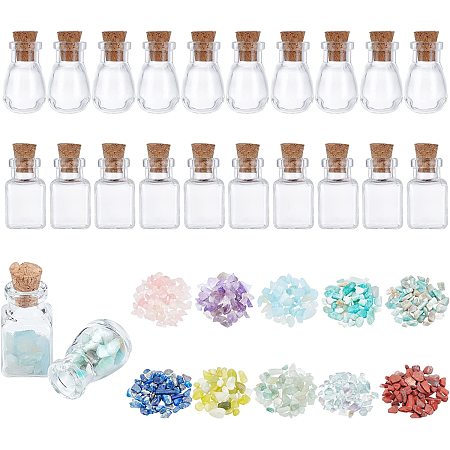 PandaHall Elite 20pcs Cuboid/Oval Mini Glass Wishing Bottles with 35g 10 Styles Undrilled Tumbled Gemstone Crystal Chips Stones for Pendants Necklace Jewelry Making Candles Home Decoration, 3.5g/Style