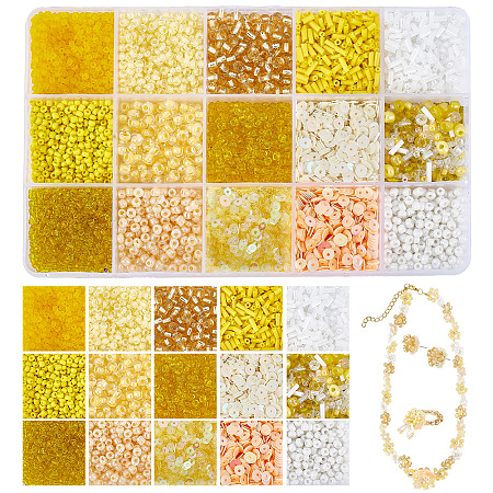 PandaHall Elite Beads Jewelry Making Finding Kit, Including Round Glass Seed & Bugle Beads, Laser Plastic Paillette/Sequins Beads, Yellow, 1~7x0.5~4.5mm, Hole: 0.7~1.2mm