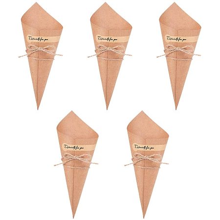 Arricraft 50pcs Folding Kraft Paper Cones Flower Holder Bouquet Candy Chocolate Bags Boxes with Hemp Ropes Label Stickers Tape DIY Wedding Table Decor Party Gift Box