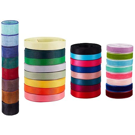 PH PandaHall 32 Pack 4 Styles Satin Ribbons Grosgrain Ribbons Organza Ribbons Single Face Velvet Ribbon Gift Packing Ribbons for Gift Wrapping, Bouquet, Hairbow, Wedding, Birthday Party Decoration