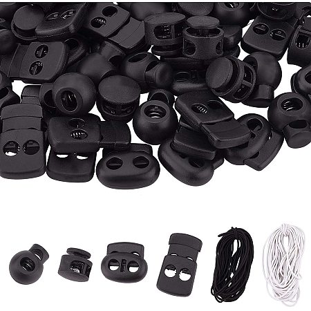 PandaHall Elite 80pcs 4 Styles Plastic Cord Locks, Black Cord Lock Stops Single/Double Hole Spring Cord Toggle Stoppers with 2 Rolls 20m Elastic Nylon Cord for Drawstrings, Shoelaces, Bags