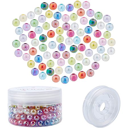 SUNNYCLUE 1 Box 200Pcs Crystal AB Round Acrylic Beads 8mm Tiny Colorful Chunky Bubblegum Ball Loose Spacer Beads Supplies with Elastic Thread for Jewelry Making DIY Bracelet Necklace Earring