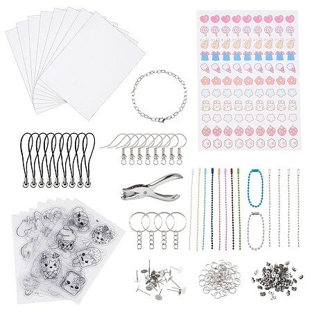 DIY Jewelry Kits, Heat Shrink Sheets Film, Brass Earring Hooks, Eco-Friendly Iron Ball Chains with Connectors, Mobile Phone Strap and Iron Bracelet Making, Platinum, 200x145x0.3mm, 18.5mm, 38mm, 8.3x0.7mm, 100x2.3mm