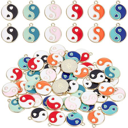 NBEADS 48 Pcs 6 Colors Enamel Yin Yang Charms, Gold Plated Alloy Enamel Bagua Tai Chi Pendants Flat Round Dangle Charms for Keychain Necklace Bracelet Earring Jewelry Making